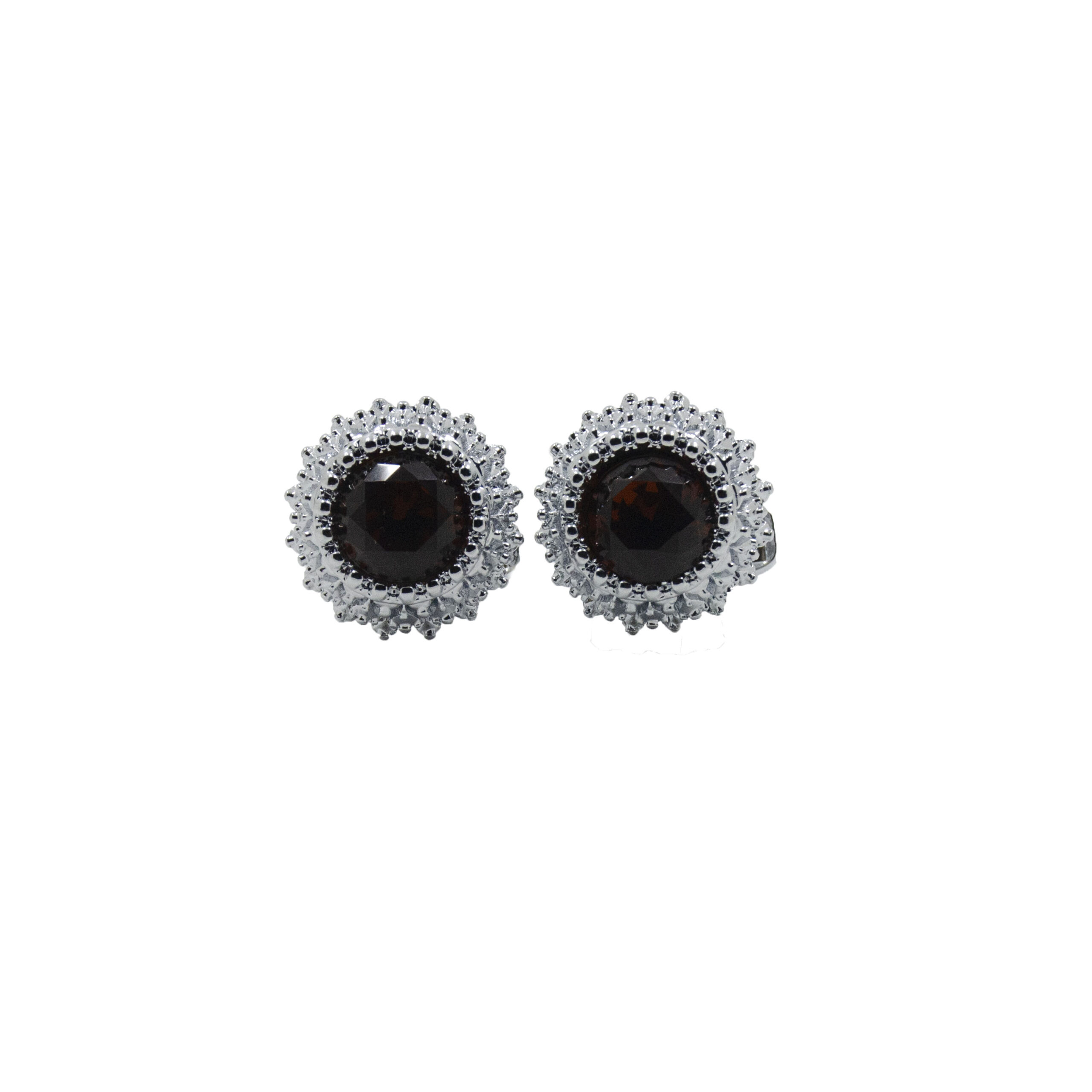 Cufflers Designer Cufflinks with Free Gift Box – Silver Circle Shape with Silver Flower Design and Mid Red Crystal – CU-4002